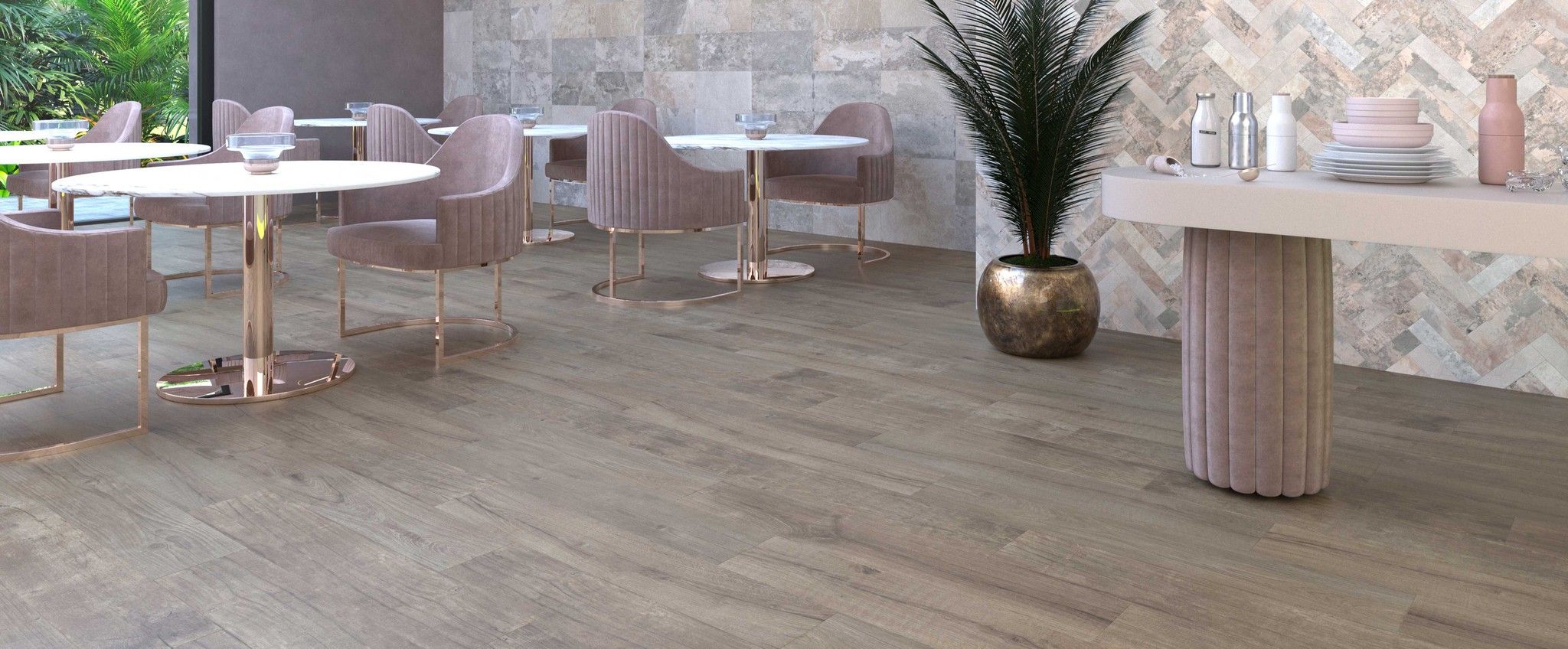 Piso de porcelanato com acabamento efeito madeira
